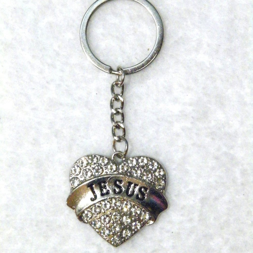 NEW Jesus Heart Silver Keyring Keychain Crystal Rhinestone Bling